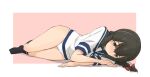  1girl black_hair black_legwear blue_sailor_collar border braid brown_eyes hair_between_eyes isonami_(kancolle) kantai_collection kneehighs kugui_kiyunemu looking_down lying no_pants on_side panties pink_background sailor_collar school_uniform serafuku sidelocks solo two-tone_background underwear white_border white_panties 