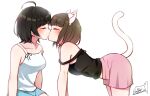  2girls ahoge all_fours animal_ear_fluff animal_ears artist_logo bangs black_hair black_tank_top blue_shorts blush brown_hair cat_ears cat_tail closed_eyes collarbone commentary_request eyebrows_visible_through_hair from_side kiss multiple_girls original pink_shorts profile shiro_namida short_hair shorts signature simple_background sitting strap_slip tail tank_top white_background white_tank_top yuri 