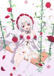  1girl :d absurdres aiee bangs bridal_veil bride dress flower full_body hair_between_eyes hair_ornament highres honkai_(series) honkai_impact_3rd leaf looking_at_viewer open_mouth petals red_eyes red_flower red_rose rose sitting smile solo swing teeth theresa_apocalypse theresa_apocalypse_(luna_kindred) veil wedding_dress white_dress white_hair 