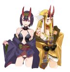  2girls blonde_hair bob_cut cropped_legs eyeliner facial_mark fate/grand_order fate_(series) forehead_mark headpiece hit-kun horns ibaraki_douji_(fate) japanese_clothes kimono long_hair looking_at_viewer makeup multiple_girls off_shoulder oni oni_horns purple_hair purple_kimono revealing_clothes short_eyebrows short_hair short_kimono shuten_douji_(fate) simple_background sketch smile tattoo violet_eyes white_background yellow_eyes yellow_kimono 