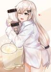  1girl absurdres bangs coffee_cup coffee_maker_(object) cup disposable_cup eyebrows_visible_through_hair feet_out_of_frame girls_frontline grey_eyes heart heart_print highres holding jewelry long_hair looking_away muteppona_hito one_eye_closed open_mouth ring shirt silver_hair simple_background solo standing svd_(girls_frontline) white_shirt 
