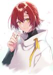  1boy androgynous black_sweater closed_mouth flower hair_flower hair_ornament hanasaki_miyabi highres holding holding_flower holostars looking_at_viewer male_focus pink_flower pochi_(pochi-goya) redhead short_hair smile solo sweater upper_body white_background yellow_eyes 