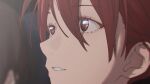  1girl bangs brown_hair close-up commentary english_commentary eyes_visible_through_hair film_grain grin highres kasane_teto parted_lips red_eyes redhead reflection smile solo_focus utau yasutange 