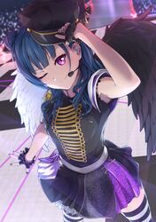  1girl ;) angel_wings arm_up bangs black_headwear black_nails black_shirt black_wings blue_hair concert earpiece epaulettes feathered_wings fingerless_gloves gloves hair_bun hand_on_own_head hat headset highres idol long_hair love_live! love_live!_sunshine!! microphone military military_hat military_uniform one_eye_closed outstretched_hand pink_eyes prbili shirt short_sleeves single_epaulette skirt smile stage standing striped striped_legwear thigh-highs tilted_headwear translation_request tsushima_yoshiko two-tone_wings uniform white_wings wings zettai_ryouiki 