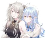  2girls :o absurdres animal_ears bangs blue_bow blue_hair blue_jacket bow breasts collared_shirt elf fang fur_trim grey_eyes grey_hair hair_between_eyes halter_top halterneck heart_hair highres holding_another&#039;s_arm hololive jacket lion_ears lion_girl long_hair medium_breasts multiple_girls off_shoulder open_mouth pointy_ears shirt shishiro_botan smile sui_(camellia) upper_body virtual_youtuber white_shirt yellow_eyes yukihana_lamy 