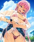  1girl :d bikini blue_skirt blue_sky bracelet breasts clouds cloudy_sky collared_shirt cowboy_shot day earrings heart heart_tattoo highres hoop_earrings jewelry large_breasts long_hair looking_at_viewer miniskirt ootomo_takuji open_mouth original outdoors pink_bikini pink_hair pointy_ears pubic_tattoo red_eyes shirt skirt sky smile solo standing swimsuit tattoo very_long_hair wet wet_clothes wet_shirt white_shirt wing_collar wringing_clothes wringing_skirt 