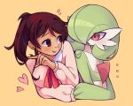  ... 2girls artist_self-insert bangs bella_(bellavoirr) bellavoirr blush bob_cut breasts brown_eyes brown_hair collarbone colored_skin commentary dark-skinned_female dark_skin earrings english_commentary eye_contact flat_chest gardevoir gen_3_pokemon green_hair green_skin hair_over_one_eye hand_up happy heart heart_earrings highres holding_hands interspecies jewelry long_hair long_sleeves looking_at_another medium_breasts multicolored multicolored_skin multiple_girls neck_ribbon notice_lines open_mouth original pink_sweater pokemon pokemon_(creature) ponytail red_eyes red_neckwear red_ribbon ribbon shiny shiny_clothes shiny_hair shirt short_hair shy sidelocks simple_background smile stud_earrings surprised sweater tied_hair two-tone_skin upper_body white_shirt white_skin yellow_background yuri 