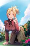  1girl ahoge all_fours blonde_hair blue_eyes blue_sky blush breasts clouds esojima_gary flower grass highres holding holding_hair large_breasts looking_at_viewer mushoku_tensei ponytail sky smile solo zenith_greyrat 