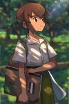  1boy backpack bag bangs blue_eyes blurry blurry_background breast_pocket brown_bag brown_hair buttons closed_mouth collared_shirt commentary_request day eyebrows_visible_through_hair green_shorts high-waist_shorts highres holding male_focus outdoors pocket pokemon pokemon_(anime) pokemon_(classic_anime) pokemon_m04 samuel_oak shirt short_hair short_sleeves shorts sketchbook smile solo tkkr tree white_shirt younger 