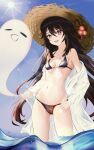  1girl absurdres bare_shoulders bikini black_bikini breasts brown_hair closed_eyes flower genshin_impact ghost hat highres hu_tao_(genshin_impact) long_hair looking_at_viewer navel off_shoulder open_clothes partially_submerged plum_blossoms red_eyes small_breasts smile standing straw_hat sunlight swimsuit symbol-shaped_pupils twintails water zeka_massi 