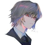  1boy bangs black_neckwear blonde_hair closed_mouth collared_shirt commentary_request eyebrows_visible_through_hair from_side frown hair_over_eyes highres hunter_x_hunter kurapika looking_away male_focus nima_(nimamann) portrait red_eyes shirt short_hair simple_background solo translation_request white_background white_shirt 