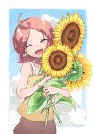 1girl brown_shorts camisole closed_eyes clouds cowboy_shot flower highres holding holding_flower leaf luoxiaobai open_mouth osushi_templa pink_hair short_hair shorts smile solo sunflower the_legend_of_luo_xiaohei yellow_camisole yellow_flower 