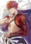  1boy bangs emiya_shirou fate/grand_order fate_(series) holding igote limited/zero_over looking_at_viewer male_focus parted_lips redhead sengo_muramasa_(fate) shima_f0509 sketch solo spiky_hair toned toned_male upper_body wristband yellow_eyes 