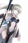  1girl blue_eyes breasts choker clothing_cutout fate/grand_order fate_(series) garter_straps highres long_hair medium_breasts morgan_le_fay_(fate) navel platinum_blonde_hair ponytail staff stomach_cutout tohoho_(hoshinoyami) white_background wide_sleeves 