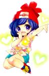  1girl aqua_shorts arm_up bangs beanie blue_hair blush bob_cut bow clenched_hand commentary_request flat_chest floral_print footwear_bow hand_up happy hat heart heart_background light_blush looking_at_viewer marker_(medium) mofuo multicolored_shirt open_mouth outstretched_arm poke_ball_symbol poke_ball_theme pokemon pokemon_(game) pokemon_sm red_footwear red_headwear selene_(pokemon) shiny shiny_hair shirt shoes short_hair short_shorts short_sleeves shorts simple_background smile solo swept_bangs tied_shirt traditional_media violet_eyes white_background yellow_bow 