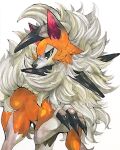  animal_focus claws closed_mouth commentary_request fluffy gen_7_pokemon green_eyes half-closed_eyes highres looking_to_the_side lycanroc lycanroc_(midday) marker_(medium) mofuo no_humans pokemon pokemon_(creature) simple_background solo standing traditional_media white_background 