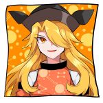  1girl bangs black_headwear blonde_hair border brown_headwear cape detached_sleeves eyebrows_visible_through_hair eyes_visible_through_hair hair_between_eyes hat highres long_hair long_sleeves looking_at_viewer matara_okina mindoll open_mouth orange_background orange_cape orange_eyes orange_sleeves shirt smile solo sun_symbol touhou white_border white_shirt white_sleeves yellow_background 