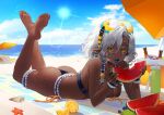  1girl beach callais_de_castellane cao_hong_anh dark-skinned_female dark_skin eating elf food fruit goggles goggles_on_head highres indie_virtual_youtuber looking_at_viewer making-of_available orange_(food) pointy_ears seashell self-portrait shell solo swimsuit umbrella virtual_youtuber watermelon white_hair yellow_eyes 