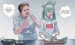  1boy 1girl aqua_hair arguing bangs blue_eyes blue_nails blush breasts chef chef_hat chef_uniform closed_eyes cooking crying cutting_board dialogue_box english_commentary english_text gordon_ramsay hat hatsune_miku hell&#039;s_kitchen highres knife leek long_hair open_mouth pot real_life screaming simple_background small_breasts sugoi_dekai vertigris vocaloid 