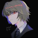  1boy bangs black_background black_neckwear blonde_hair closed_mouth collared_shirt commentary_request dated eyebrows_visible_through_hair from_side frown hair_over_eyes highres hunter_x_hunter kurapika looking_away male_focus nima_(nimamann) portrait red_eyes shirt short_hair simple_background solo white_shirt 