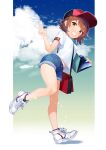  1girl bag bangs baseball_cap brown_eyes brown_hair full_body hair_ornament hairclip handbag hat highres nokachoco114 programming_live_broadcast pronama-chan second-party_source shirt shoes short_hair shorts sky sneakers solo v white_footwear white_shirt 