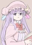  1girl book bow bowtie capelet crescent crescent_hat_ornament dress grey_background hat hat_ornament holding holding_book long_hair parted_lips patchouli_knowledge pillow_hat pink_capelet poronegi purple_dress purple_hair simple_background sketch solo striped striped_dress touhou violet_eyes 