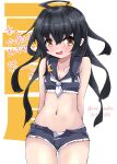  absurdres adapted_costume ahoge arms_behind_back bikini black_hair breasts collarbone cowboy_shot crescent crescent_pin eyebrows_visible_through_hair hair_between_eyes highres kantai_collection kitahama_(siroimakeinu831) long_hair mikazuki_(kancolle) necktie sailor_bikini sailor_collar shorts small_breasts smiley_face swimsuit swimsuit_under_clothes thighs twitter_username white_background white_neckwear yellow_eyes 