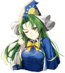  1girl bangs blue_dress blue_headwear blue_sleeves bow breasts closed_mouth dress eyebrows_visible_through_hair frills green_eyes green_hair hand_up hat heart highres jill_07km long_hair long_sleeves looking_at_viewer medium_breasts mima_(touhou) one_eye_closed simple_background smile solo sun_symbol touhou touhou_(pc-98) white_background yellow_bow yellow_neckwear 