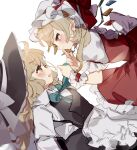  2girls apron black_headwear black_skirt black_vest blonde_hair blush bow crystal finger_to_mouth flandre_scarlet from_side green_neckwear hat hat_bow highres kirisame_marisa long_hair long_sleeves looking_at_another mob_cap multiple_girls neckwear_grab open_mouth pointy_ears red_bow red_skirt red_vest shirt short_sleeves simple_background skirt smile sorani_(kaeru0768) touhou upper_body vest waist_apron white_background white_bow white_shirt wings witch_hat wrist_cuffs yellow_eyes 