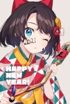  1girl 2021 bangs blue_eyes brown_hair eyebrows_visible_through_hair hair_ornament happy_new_year hololive japanese_clothes looking_at_viewer new_year nokachoco114 one_eye_closed oozora_subaru open_mouth short_hair solo swept_bangs triangle_print virtual_youtuber 