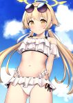  1girl absurdres arms_behind_back blue_archive blush breasts clouds collarbone halo hifumi_(blue_archive) highres kenken_(keuken) light_brown_hair long_hair looking_at_viewer low_twintails navel sky small_breasts smile solo sunglasses swimsuit twintails yellow_eyes 