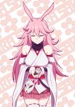  1girl absurdres animal_ears bangs bare_shoulders breasts closed_eyes closed_mouth doll fox_ears fox_mask hair_between_eyes highres holding honkai_(series) honkai_impact_3rd kallen_kaslana long_hair mask pink_hair pink_skirt sinyamato96 skirt smile solo_focus thigh-highs white_legwear yae_sakura yae_sakura_(gyakushinn_miko) 