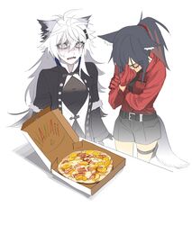  2girls absurdres animal_ears arknights belt black_belt black_gloves black_hair black_jacket black_neckwear black_shirt black_shorts chinese_commentary closed_eyes colored_inner_hair commentary cowboy_shot food gloves grey_eyes hairband hawaiian_pizza highres horrified jacket lappland_(arknights) lappland_(refined_horrormare)_(arknights) messy_hair multicolored_hair multiple_girls no_jacket official_alternate_costume open_clothes open_jacket open_mouth pale_skin pizza ponytail red_gloves red_hairband red_shirt redhead shaded_face shirt shorts simple_background sweat tail texas_(arknights) texas_(willpower)_(arknights) thigh_strap white_background white_hair wolf_ears wolf_girl wolf_tail yuyanshu13 