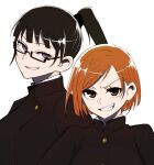  2girls bangs black_hair black_jacket brown_eyes buttons commentary_request gakuran glasses grin height_difference jacket jujutsu_kaisen kugisaki_nobara long_hair looking_at_viewer multiple_girls open_mouth orange_hair ponytail school_uniform semi-rimless_eyewear shiny shiny_hair short_hair simple_background smile teeth togawahaha under-rim_eyewear upper_body v-shaped_eyebrows violet_eyes white_background zen&#039;in_maki 