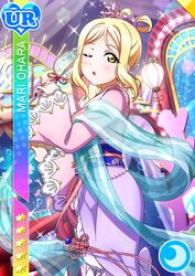  blonde_hair blush character_name dress love_live!_school_idol_festival love_live!_sunshine!! ohara_mari short_hair wink yellow_eyes yukata 