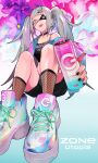  1girl bangs black_eyepatch blunt_bangs can choker dive_to_zone energy_drink eyepatch flower grey_hair hair_ornament hairclip highres holding holding_can lam_(ramdayo) nail_polish power_symbol shoes shorts sneakers solo tongue tongue_out twintails 