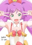  1girl :d ahoge blush bow bra_strap breasts copyright_request dated detached_collar detached_sleeves double_v green_eyes hair_bow hands_up highres long_hair looking_at_viewer open_mouth purple_hair simple_background small_breasts smile solo twintails upper_body upper_teeth v v-shaped_eyebrows very_long_hair white_background yonekura_hisaki 
