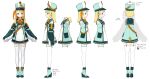  1girl absurdres blonde_hair blue_eyes boots character_sheet english_text feathers garter_straps highres marching_band medium_hair pegin_pina pleated_skirt prism_project rinotuna sailor_collar sash simple_background skirt smile solo virtual_youtuber white_background 