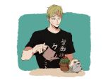  1boy aqua_background black_eyes black_shirt blonde_hair cactus character_doll closed_mouth commentary_request jujutsu_kaisen looking_at_object male_focus mimaru_(mimaruramim) nanami_kento plant potted_plant shirt short_hair solo t-shirt translation_request upper_body watering watering_can white_background 