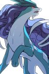  buntatta from_below gen_2_pokemon highres leg_up legendary_pokemon looking_at_viewer no_humans open_mouth paws pink_eyes pokemon pokemon_(creature) simple_background solo suicune toes white_background 