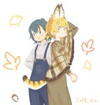  2girls :d alternate_costume animal_ear_fluff animal_ears black_hair blonde_hair commentary_request dated extra_ears hair_ornament hairclip hand_on_own_head holding_hands interlocked_fingers kaban_(kemono_friends) kemono_friends long_sleeves looking_at_viewer multiple_girls open_mouth overalls poncho serval_(kemono_friends) serval_ears serval_tail short_hair simple_background smile tail wamakwp white_background yellow_eyes 