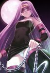  1girl absurdres armpits bare_shoulders black_dress blindfold breasts chain collar collarbone detached_sleeves dress facing_viewer fate/stay_night fate_(series) from_below highres long_hair medium_breasts medusa_(fate) medusa_(rider)_(fate) navel panties pantyshot purple_hair scan solo strapless strapless_dress thigh-highs thighhighs tony_taka underwear very_long_hair white_panties 