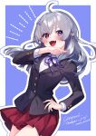  1girl ahoge bangs blazer buttons collared_shirt commission fangs grey_hair hair_ornament hairclip jacket long_hair long_sleeves nokachoco114 open_mouth original pleated_skirt pointy_ears red_eyes shirt signature simple_background skeb_commission skirt solo violet_eyes 