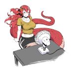  1girl absurdres blush breasts cable commentary commission commissioner_upload electric_fan fang floating_hair hair_ornament highres lamia long_hair medium_breasts miia_(monster_musume) miniskirt monster_girl monster_musume_no_iru_nichijou on_floor pointy_ears redhead scales scribblesquab shirt simple_background skirt slit_pupils smile solo sweatdrop table yellow_eyes 