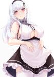  1girl absurdres apron azur_lane blue_hair blush breasts closed_mouth dido_(azur_lane) eyebrows_visible_through_hair from_behind hairband highres kazuha_(saku_kn) large_breasts long_hair looking_at_viewer maid maid_apron solo standing thigh-highs under_boob unhappy violet_eyes white_background white_legwear 