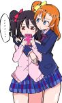  ... 2girls :3 absurdres arms_around_neck black_hair blazer blue_eyes blush_stickers bow cellphone check_commentary commentary_request hair_bow hands_on_another&#039;s_shoulders highres holding holding_phone hug jacket kousaka_honoka love_live! love_live!_school_idol_project miniskirt multiple_girls orange_hair phone pleated_skirt red_eyes school_uniform side_ponytail simple_background skirt smartphone speech_bubble thighs wewe white_background yazawa_nico 