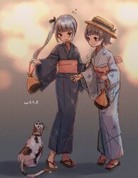  2girls alternate_costume arare_(kancolle) artist_name black_hair blue_kimono brown_eyes cat commentary_request grey_hair hat highres japanese_clothes kantai_collection kasumi_(kancolle) kimono long_hair multiple_girls sandals short_hair side_ponytail standing white_kimono wss_(nicoseiga19993411) yukata 