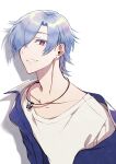  1boy blue_hair blue_jacket bright_pupils copyright_request earrings hair_over_one_eye highres jacket jewelry looking_at_viewer male_focus necklace one_eye_covered open_clothes open_jacket parted_lips pochi_(pochi-goya) red_eyes shirt simple_background smile solo stud_earrings upper_body white_background white_pupils white_shirt 