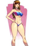  1girl artist_request bikini blue_bikini breasts brown_hair carlos_javier d.va_(overwatch) hand_on_hip lips long_hair medium_breasts navel overwatch red_lips source_request swimsuit thighs 