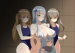  404_(girls_frontline) 4girls aphrodite_(shuumatsu_no_valkyrie) aphrodite_(shuumatsu_no_valkyrie)_(cosplay) bangs blue_swimsuit blunt_bangs breast_lift breasts brick_wall brown_eyes brown_hair butterfly_hair_ornament clenched_hand cosplay faceless faceless_female g11_(girls_frontline) girls_frontline gradient gradient_background greek_clothes green_eyes hair_ornament highres hk416_(girls_frontline) huge_breasts long_hair multiple_girls one_eye_closed parody scar scar_across_eye scarf school_swimsuit shuumatsu_no_valkyrie side_ponytail silver_hair small_breasts swimsuit teardrop_tattoo twintails ump45_(girls_frontline) ump9_(girls_frontline) xperiajoker yellow_eyes 